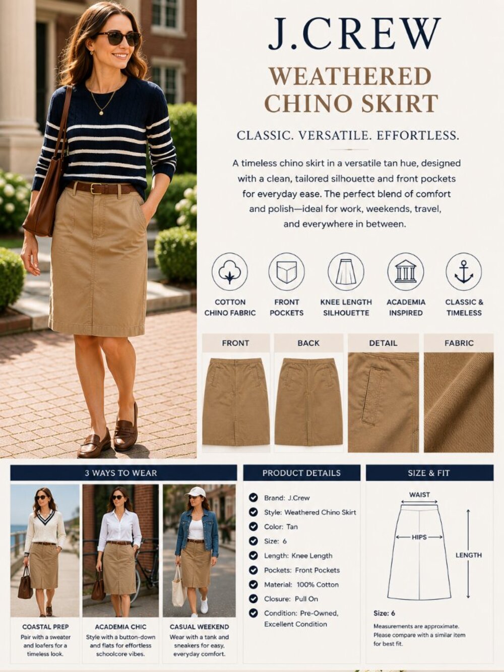 J Crew Weathered Chino Skirt Womens 6 Tan Midi Preppy Academia Casual